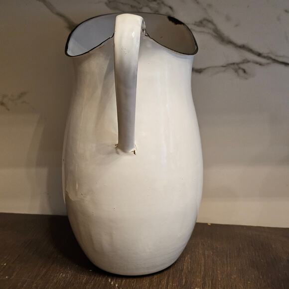 Primitive Antique Porcelain Enamel Water/Milk Pitcher White and Black - Picture 2 of 6